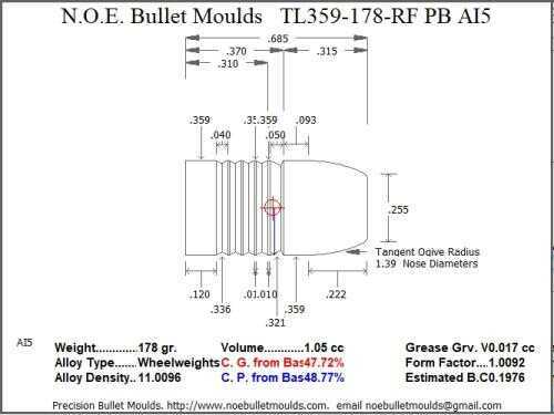 Bullet Mold 3 Cavity Aluminum .359 caliber Plain Base 178 Grains with Round/Flat nose profile type. Tumble lube styl
