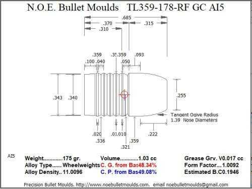 Bullet Mold 5 Cavity Aluminum .359 caliber Gas Check 178 Grains with Round/Flat nose profile type. Tumble lube style
