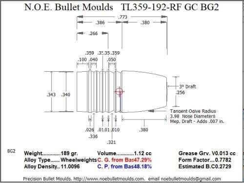 Bullet Mold 2 Cavity Aluminum .359 caliber GasCheck and Plain Base 192 Grains with Round/Flat nose profile type. Tum