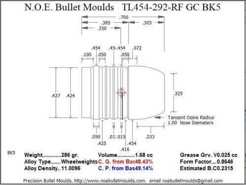 Bullet Mold 3 Cavity Aluminum .454 caliber Gas Check 292 Grains with Round/Flat nose profile type. Tumble lube style