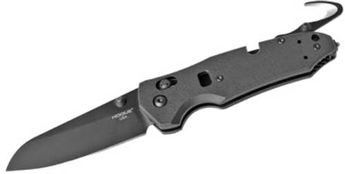 Click to see larger image. Hogue Trauma First Response Tool Folding Knife Bohler N680 Plain Edge Opposing Bevel 3.4" Black Cerakote Blade G10