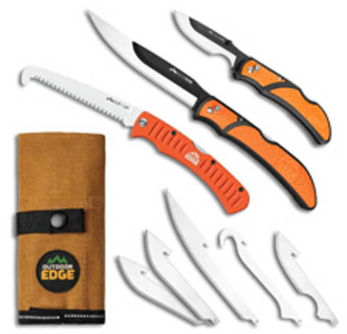Outdoor Edge Razorguide Pak Folding Knife Set Black Oxide Finish 420j2 Stainless Steel Orange Handle Includes (1) Razorb