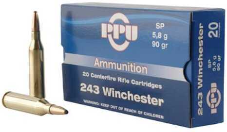 PPU Standard Rifle 243 Win 90 gr 3100 fps Soft Point (SP) Ammo 20 Round Box