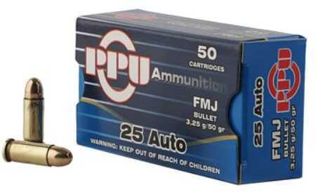 25 ACP 50 Rounds Ammunition Prvi Partizan Grain Full Metal Jacket