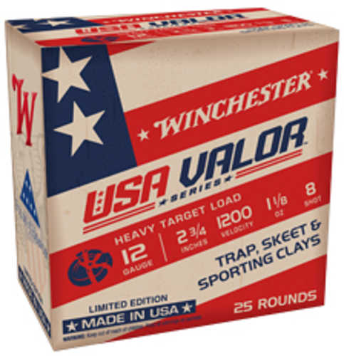 <span style="font-weight:bolder; ">Winchester</span> Ammunition USA <span style="font-weight:bolder; ">VALOR</span> 12 Gauge 2.75" Target 1 1/8 oz #8 Shot 1200 Velocity 25 Round Box USAV128