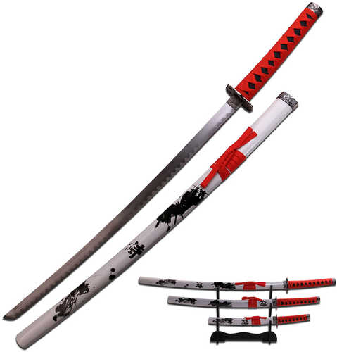 Samurai Katana Sword Set of 3 Red Wrap Handles Wht Scabbard