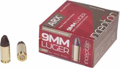 9mm Luger 10 Rounds Ammunition Inceptor 65 Grain Fragmenting Hollow Point