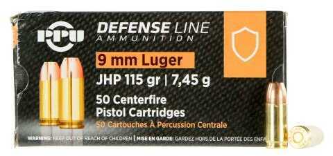 PPU Defense Line <span style="font-weight:bolder; ">9mm</span> Luger 115 JHP 50 Rounds Ammunition Ppd91