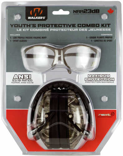 Walkers GWPYMSGLCMO Youths Protective Combo Kit Earmuff/<span style="font-weight:bolder; ">Shooting</span> <span style="font-weight:bolder; ">Glasses</span> 23 dB Camo/Clear