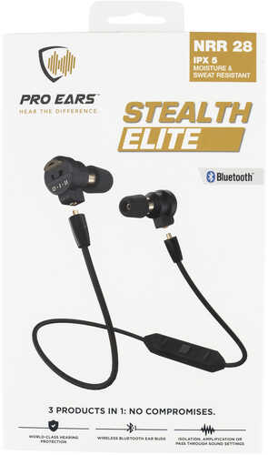 Pro Ears Stealth Elite Bluetooth 28 Db Behind The Head Black Ear Buds W/Black Band & Gold Logo