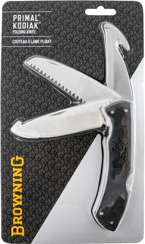 Browning Primal Kodiak 3.75" Folding Drop Point/Gut Hook/Saw Gut Hook/Saw/Plain 8Cr13MoV SS Blade Black Polymer