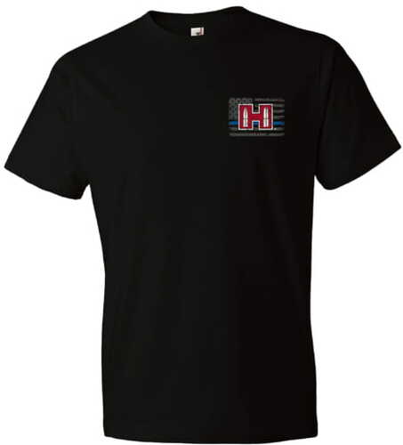 Click to see larger image. Hornady Gear T-shirt Blue Line Black Short Sleeve Medium