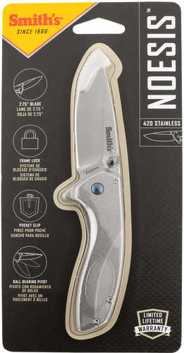 Smiths Products 51245 Noesis 2.75" Folding Drop Point Plain Satin 400 SS Blade/Bead Blasted Stainless Steel Handle Inclu