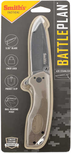 Smiths Products 50995 BattlePlan 3.35" Folding Drop Point Plain Black Stonewashed 400 SS Blade/ Desert Tan G10 Handle In