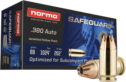 Norma Ammunition 803807680 Safeguard 380 ACP 88 Grain Jacketed Hollow Point (JHP) 50 Rounds