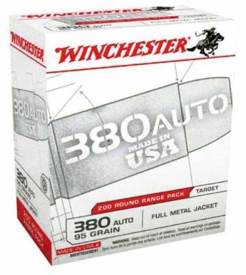 Winchester USA 380 ACP 95 gr Full Metal Jacket (FMJ) Ammo 200 Round Box