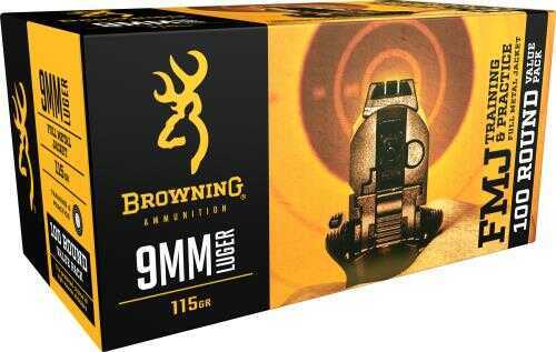 9mm Luger 100 Rounds Ammunition Browning 115 Grain Full Metal Jacket