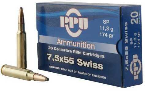 7.5X55mm Swiss 20 Rounds Ammunition Prvi Partizan 174 Grain Jacketed Soft Point