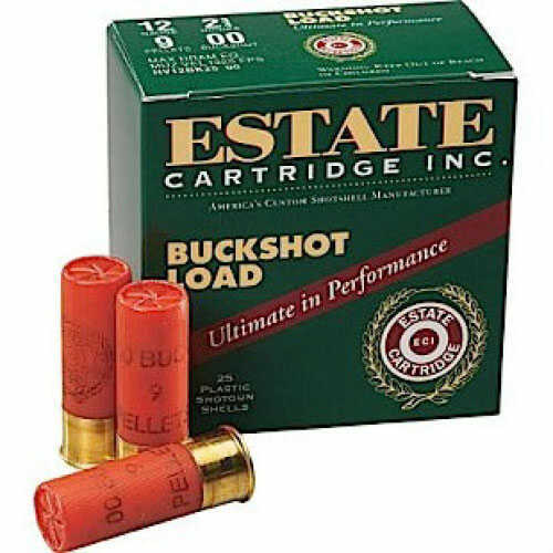 12 Gauge 25 Rounds Ammunition Estate Cartridge 2 3/4" 9 Pellets Lead #00 Buck