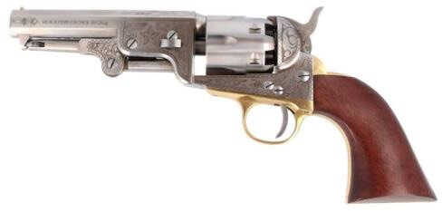 Click to see larger image. Taylor/Pietta 1851 Navy US Marshall White Engraved Finish .44 Caliber 5" Barrel Cap and Ball BP Revolver
