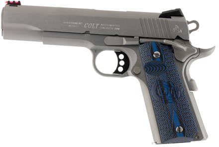 Colt 1911 Competition Pistol 38 Super 5" Barrel 9 Round Stainless Steel Finnish Scalloped Blue Checkered G10 Grip