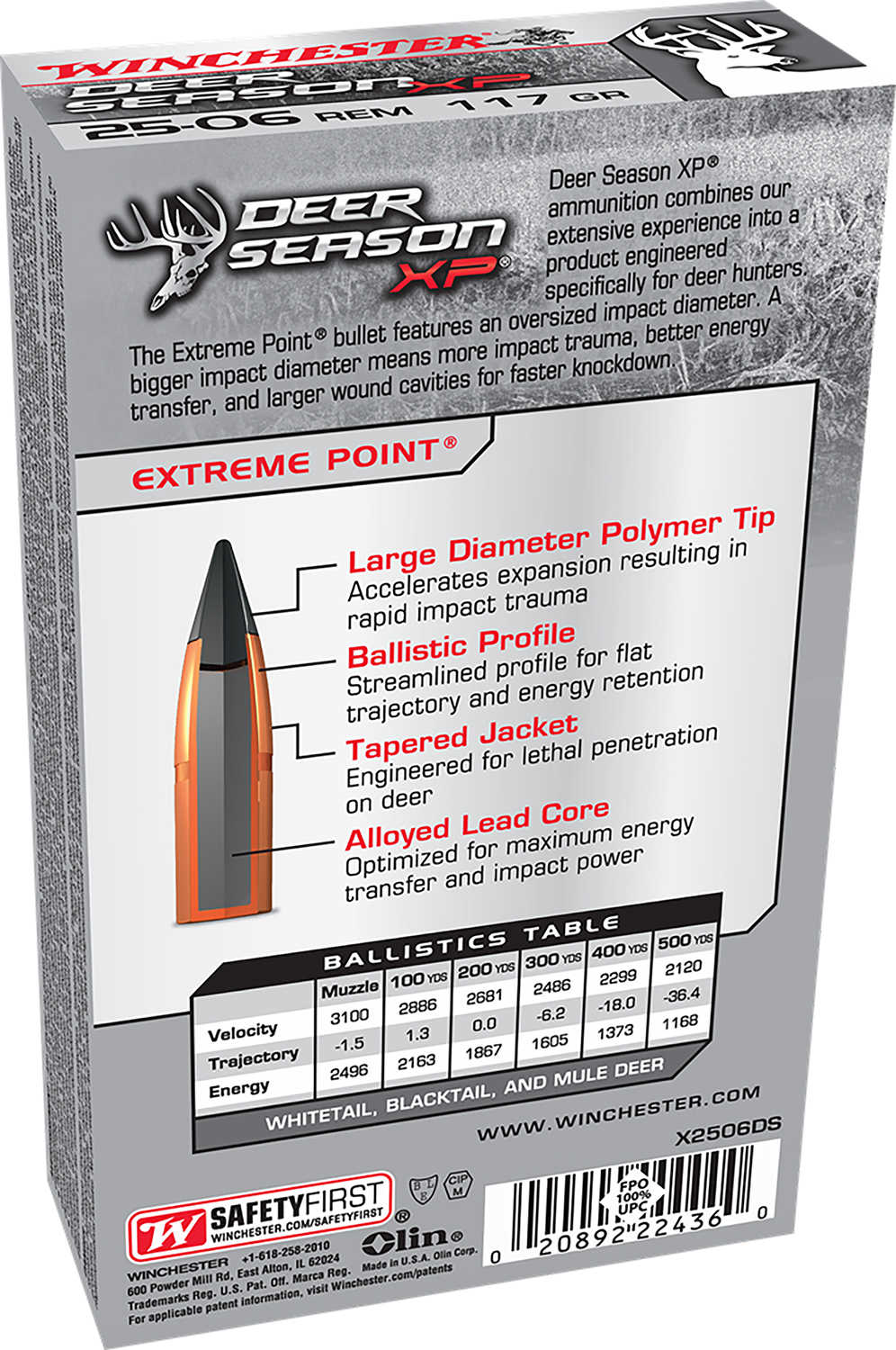 Winchester Deer Season XP 25-06 Rem 117 gr 3100 fps Extreme Point Ammo 20 Round Box