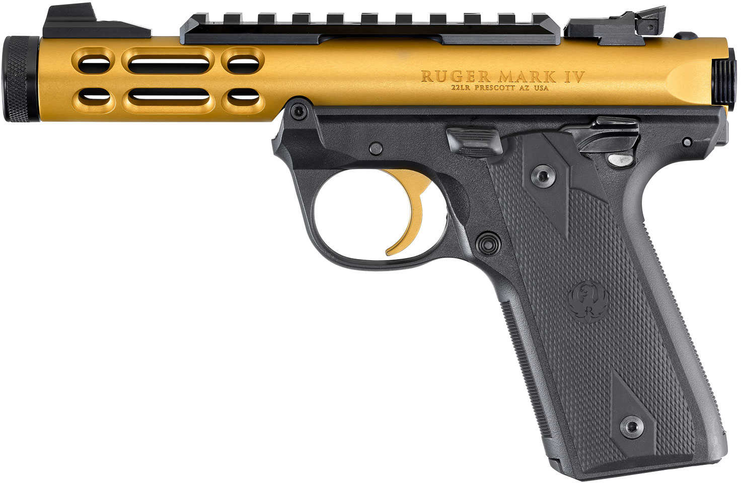 Ruger Mark IV 22/45 Lite Semi Automatic Pistol 22 LR 4.4" Threaded Barrel 10 Round Capacity Gold Anodized Aluminum Ported Slide