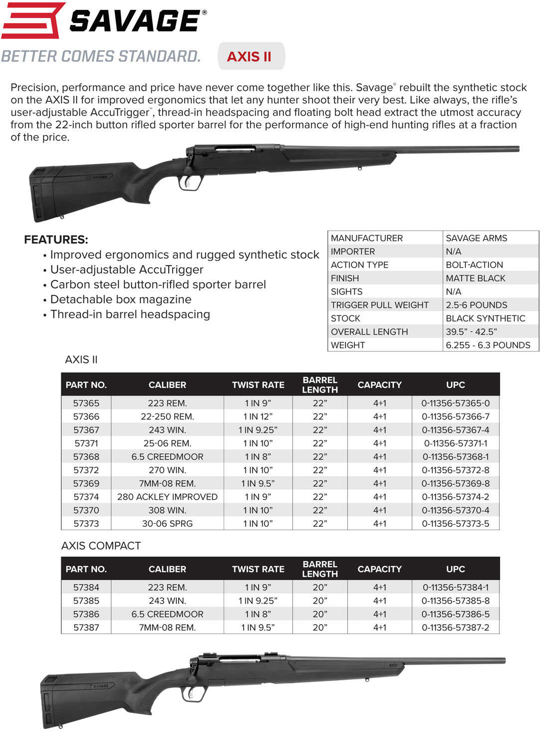 Savage Arms Axis II Bolt Action Rifle 30-06 Springfield 22" Barrel 4 Round Black Synthetic Finish