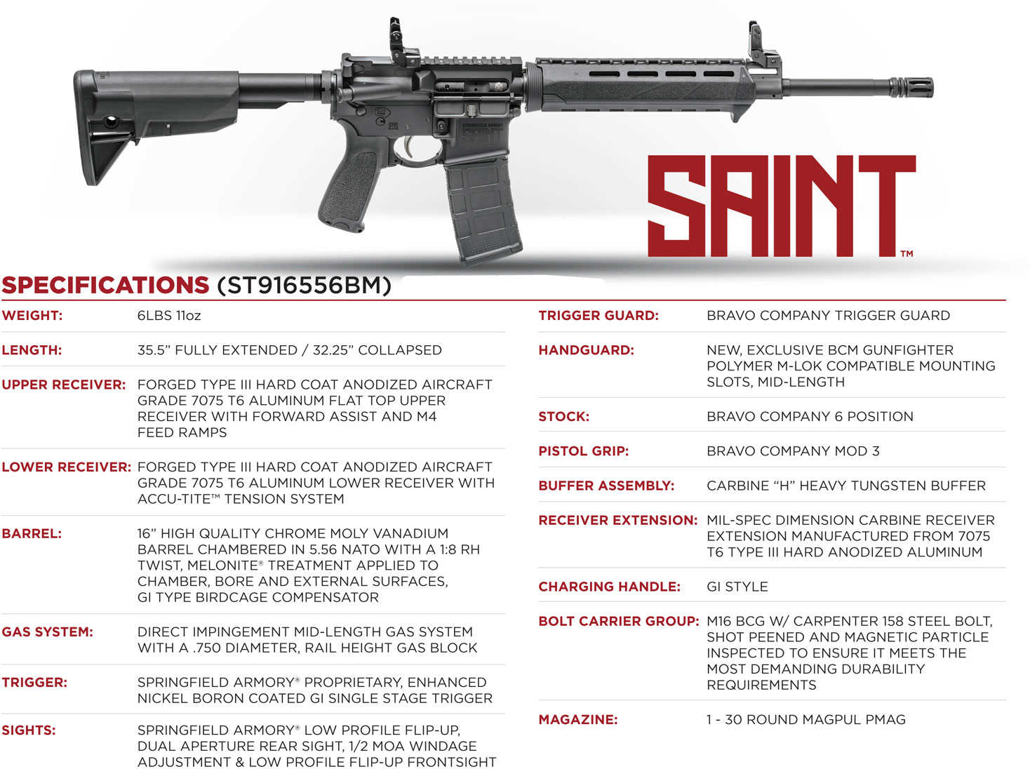 Springfield Armory Saint Rifle 5.56 NATO 16" Barrel 30+1 Round Bravo Company 6-Position Stock