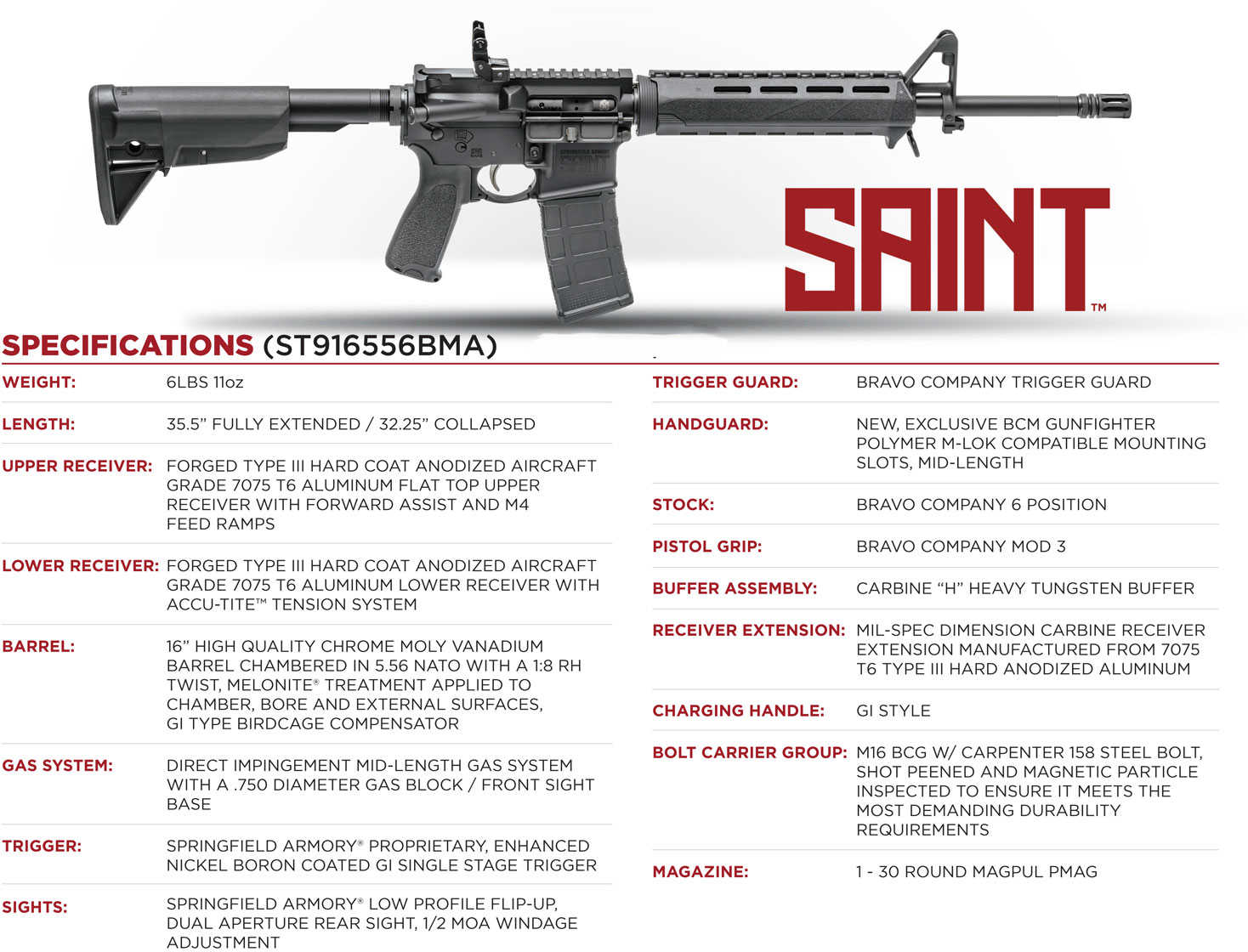Springfield Armory Saint AR-15 Rifle 5.56 NATO 16" Barrel 30 Round Bravo Company 6-Position Stock ST916556BMA