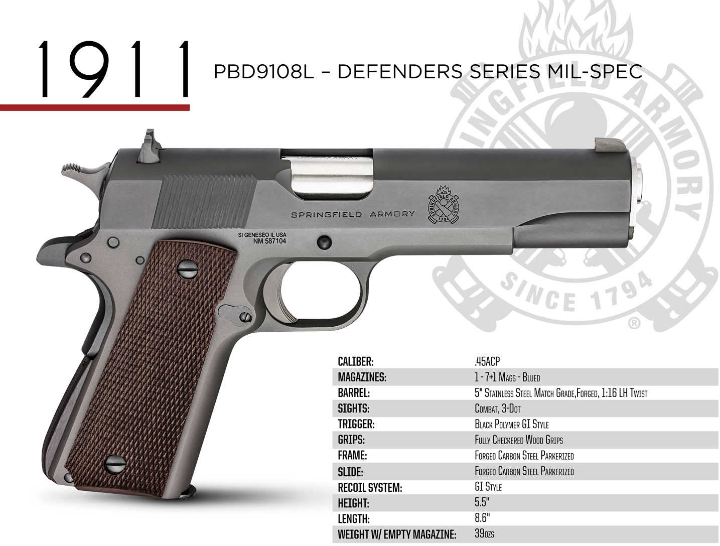 Springfield Armory 1911 Mil-Spec Defender Legacy 45 ACP 7+1 5" Satin Stainless Match Grade Barre