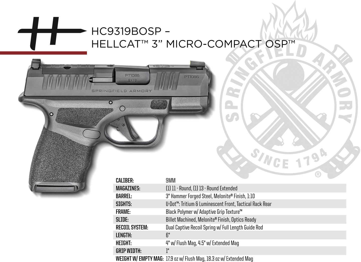 Springfield Armory Hellcat Micro-Compact OSP Optics Ready Pistol 9mm 3" Barrel 11 Round Tritium Sight