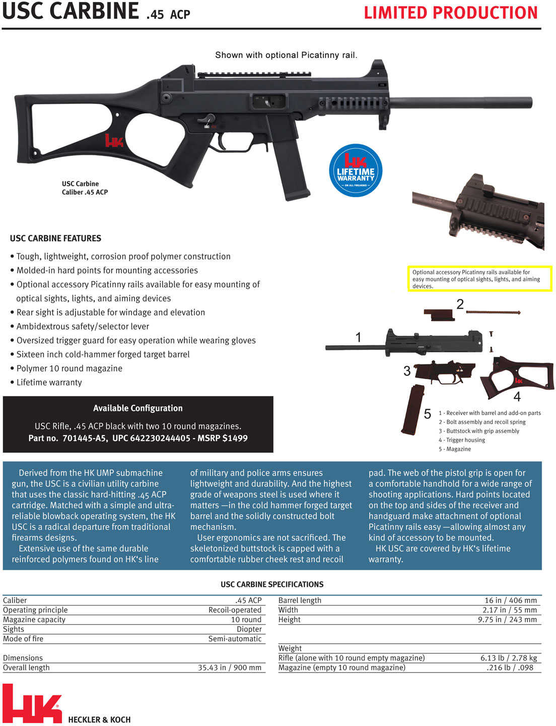 HK USC Rifle 45 ACP 16" Barrel 10 Round Polymer Skeleton Stock Black Finish