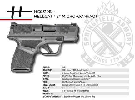 Springfield Armory Hellcat Micro-Compact Pistol 9mm Luger 3" Barrel 13 Round Black Melonite Steel Slide Tritium Front Sight