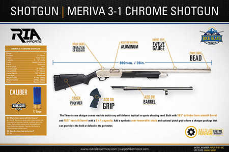 Rock Island Meriva 3-in-1 Combo Shotgun 12 Gauge 3" Chamber 18.50" and 28" Barrels Chrome Finish