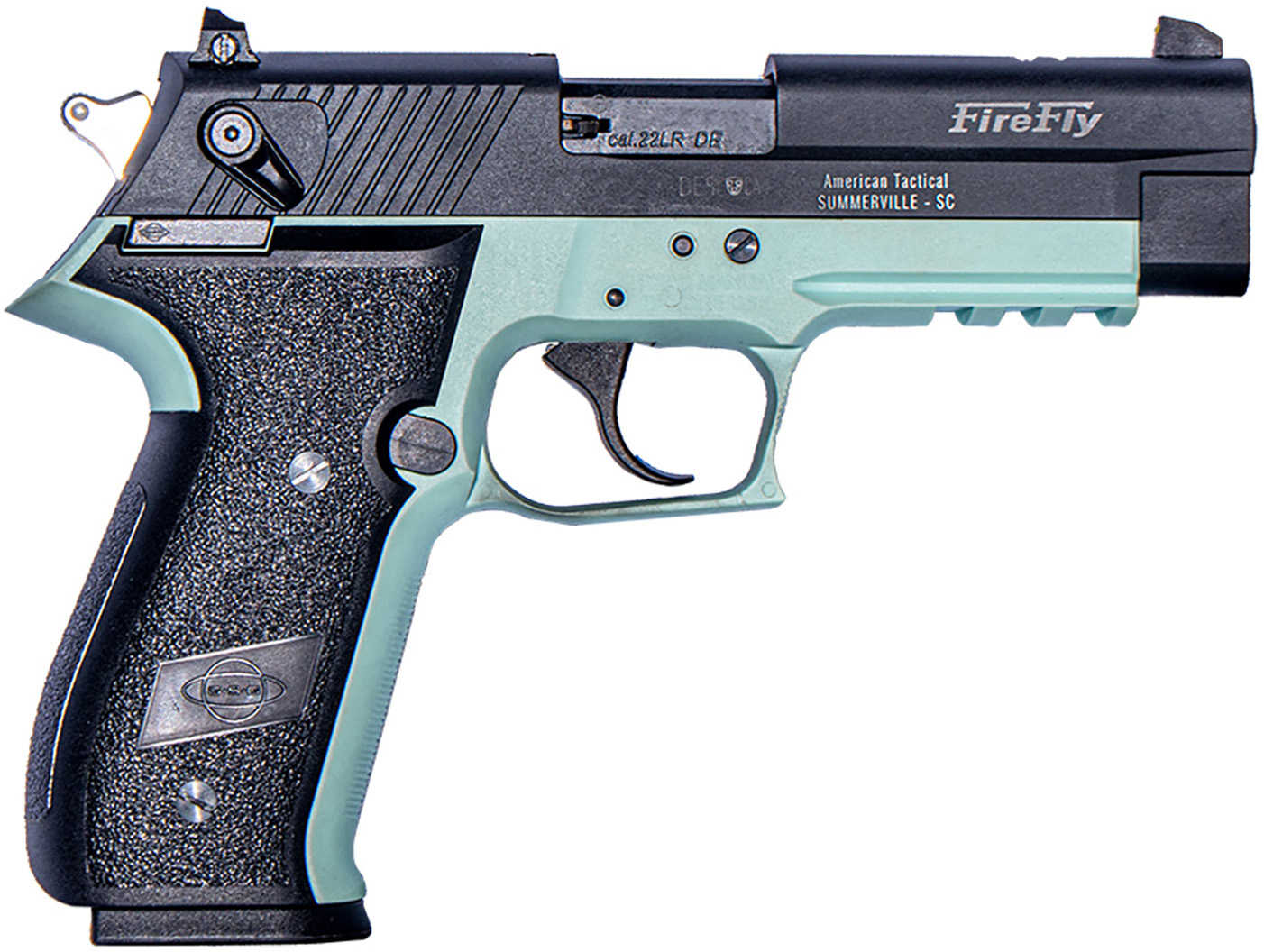 American Tactical Firefly Semi-Automatic Pistol .22 Long Rifle 4.9" Fixed Barrel (1)-10Rd Single Stack Magazine Adjustable Rear Sight Black Slide And Grips Mint Green Polymer Finish