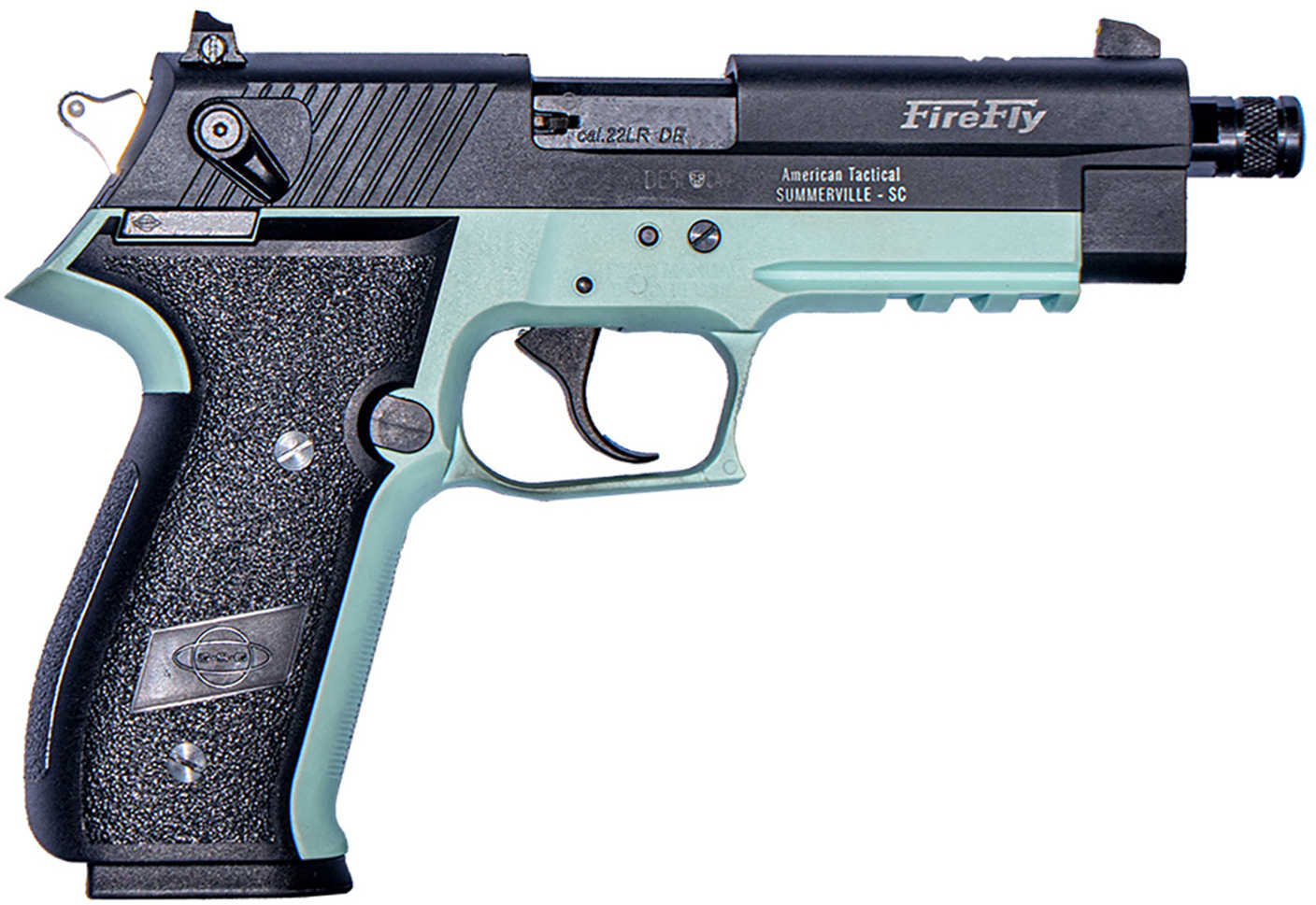 American Tactical Inc. Firefly Semi-Automatic Pistol .22 Long Rifle 4.9" Threaded, Rifled Barrel (1)-10Rd Single Stack Magazine Adjustable Rear Sights Black Slide And Grips Mint Green Finish