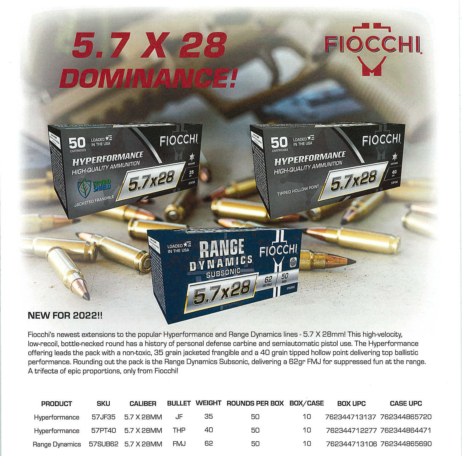 Fiocchi Hyperformance 5.7x28mm 40 gr Tipped Hollow Point (THP) Ammo 50 Round Box