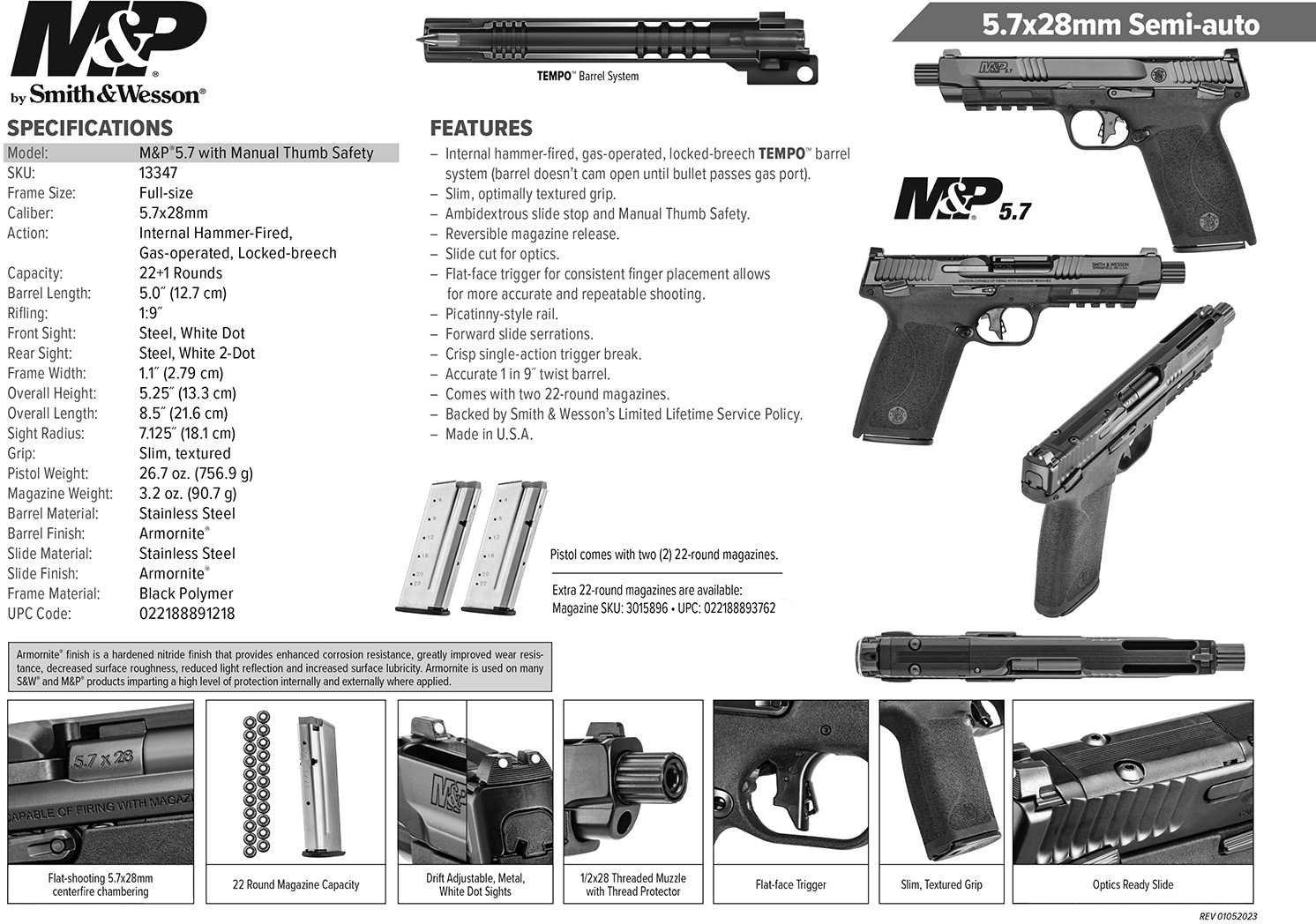 Smith & Wesson M&P 5.7 Pistol 5.7x28mm 5" Threaded Barrel Optics Ready