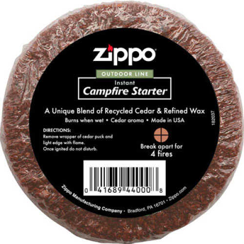 Zippo Campfire Starter Cedar Puck Compressed saw dust & wax lights quickly, even when wet - Scored so it c 44000