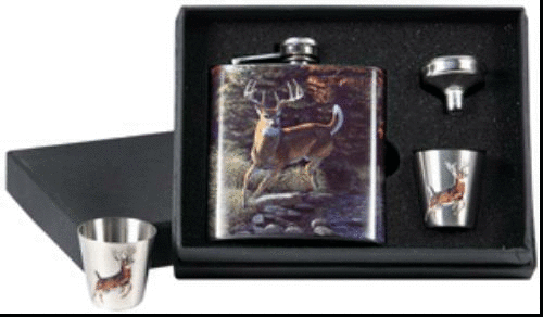 Rivers Edge Products Pocket Flask W/2- Shot Glasses Whitetail Deer