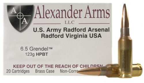 6.5 Grendel 20 Rounds Ammunition Alexander Arms 123 Grain Hollow Point Boat Tail
