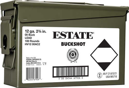 12 Gauge 100 Rounds Ammunition Estate Cartridge 2 3/4" 9 Pellet Lead #00 Buck
