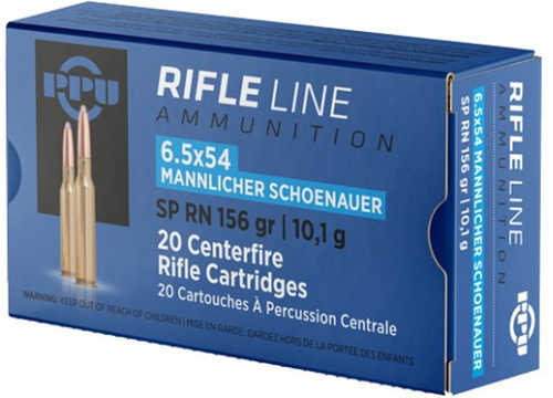 PPU Ammo 6.5X54 Mannlicher Schoenauer 156 Grain Soft Point Round Nose 2395 fps 20 Round Box