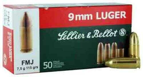 9mm Luger 50 Rounds Ammunition Sellier & Bellot 115 Grain Full Metal Jacket