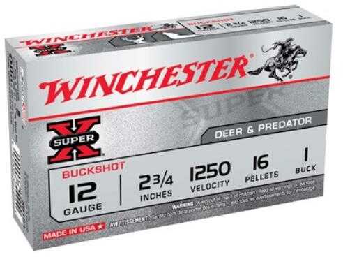 12 Gauge 5 Rounds Ammunition Winchester 2 3/4" 16 Pellets Lead #1 Buck