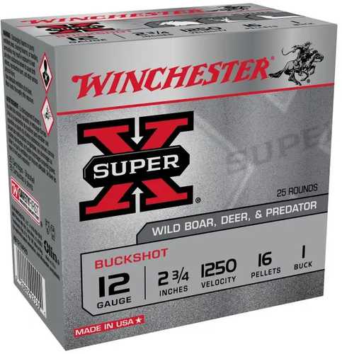 Click to see larger image. Winchester Ammo Super-X 12 Gauge 2.75" 1250 Fps. #1Bk 16-Pellets 25 Pack