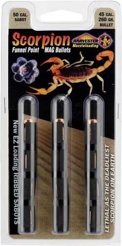 Click to see larger image. Harvester Muzzleloading Scorpion 50 Caliber 260 Grains .451 Funnel Point Sabot 12Pk