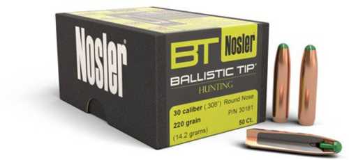 Nosler Ballistic Tip Hunting 30 Caliber 220 Grain RN Bullet 50 CT