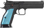 CZ TS 2 Semi Automatic Pistol 9mm Luger 5.23" Barrel 20 Round Black Steel Frame With Aggressive Checkered Blue Aluminum Grip